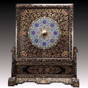 A Exquisite Carved Red Lacquer Inlaid Cloisonne Landscape and Figure Pattern Screen