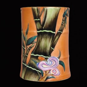 A Precious Red Glazed Bamboo Pattern Painted Gold Brush Pot