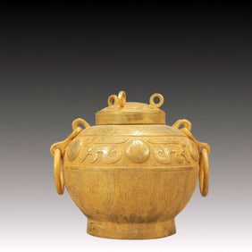 A Rare Gilt Bronze Beast-Face Pattern Double-Ears Jar,With Inscription