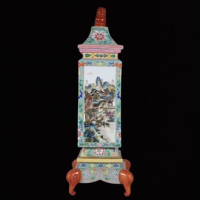 A Huge Enamel Painted Gold Landscape Pattern Elephant-legs Vase,with poem
