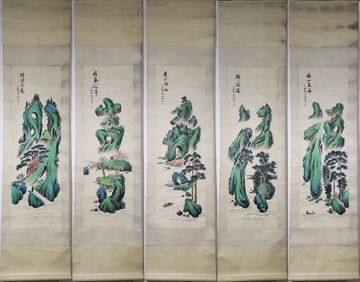 A Set of Chinese Vertical Scroll Ink Painting of Landscape on Paper,Wu Hufan
