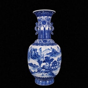 A Huge Blue and White Landscape and Figure Pattern Double-Ears Vase