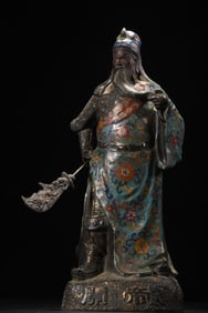 A Solemn Cloisonne Lotus Pattern Guangong Statue