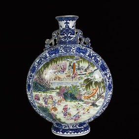 A Monumental Blue and White Famille-Rose Character and Story Pattern Painted Gold Double-Ears Vase