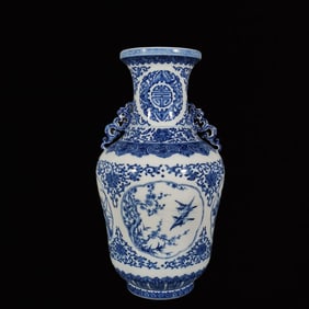 A Rare Blue and White Flower and Bird Pattern Double-Ears Vase