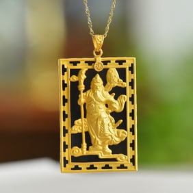 An Exquisite Sterling Silver-Gold Plated Inlaid Black Jade Pendant