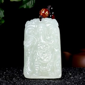 An Exquisite White Jade Statue of Guan gong Pendant