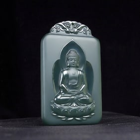 An Exquisite Greenish Jade Statue of Sakyamuni Pendant