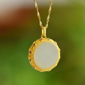 An Exquisite Sterling Silver-Gold Plated Inlaid White Jade Pendant