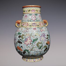An Exquisite Famille-Rose Lotus Pattern Double-Ears Jar