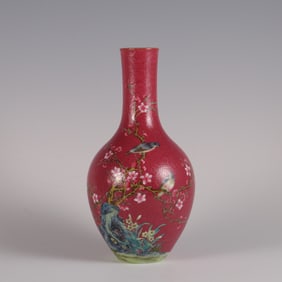 An Exquisite Enamel Ruby Red-Glazed Flower and Bird Pattern with poem Vase