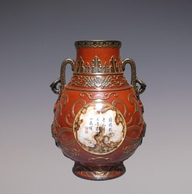 An Exquisite Antique bronze Glaze Painted Gold Bats Pattern with poem Double-Ears Jar