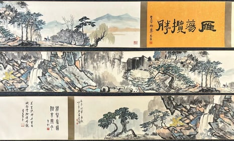 A Chinese Hand Scroll Ink Painting of Landscape and Figure on Paper