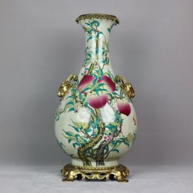 An Exquisite Famille-Rose Inlaid Bronze Bats and Peach Pattern Double-Ears Vase