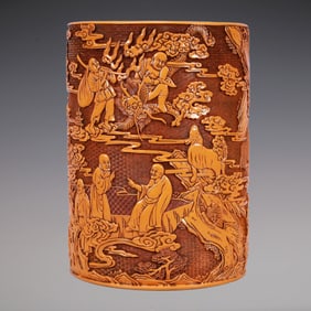 A Exquisite Carved Red Lacquer Landscape and Figure Pattern Brush Pot