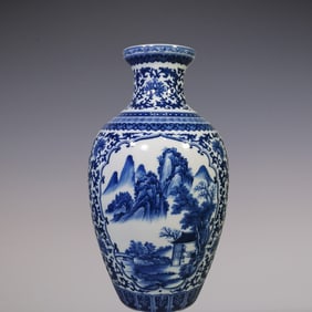 An Exquisite Blue and White Lotus Pattern Landscape and Figure Pattern Vase