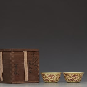 A Pair of Exquisite Yellow Glazed Underglaze-Red Dragon Pattern Cup