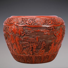 A Exquisite Carved Red Lacquer Lotus Pattern Landscape and Figure Pattern Jar