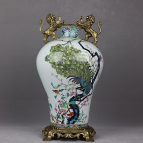 An Exquisite Famille-Rose Inlaid Bronze Flower and Bird Pattern Lotus Pattern with poem Double-Ears