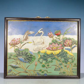 A Exquisite Cloisonne Lotus Pattern Crane Pattern Hanging Panel