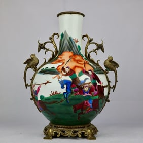 An Exquisite Famille-Rose Inlaid Bronze Character and Story Pattern Double-Ears Vase