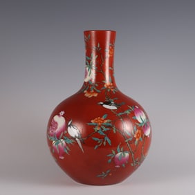 An Exquisite Famille-Rose Coral Red Glazed Flower and Bird Pattern Vase