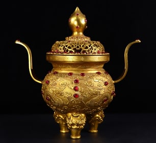 An Exquisite Gilt Bronze Inlaid Gems Dragon Pattern Double-Ears and Tripod Censer