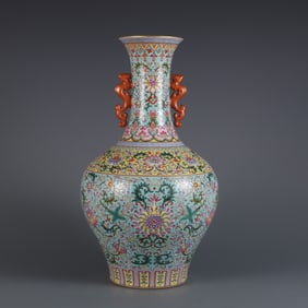 An Exquisite Famille-Rose Lotus Pattern Double-Ears Vase