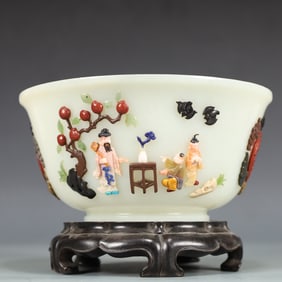 A Exquisite White Jade Character and Story Pattern Bats and Peach Pattern Bowl
