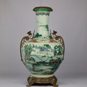 An Exquisite Famille-Rose Inlaid Bronze Landscape and Figure Pattern Double-Ears Vase