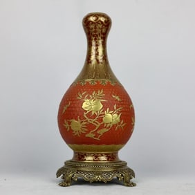 An Exquisite Enamel Painted Gold Inlaid Bronze Bats and Peach Pattern Lotus Pattern Vase