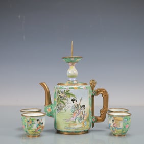 A Exquisite A Set of Coppery Enamel Lotus Pattern Character and Story Pattern Teapot Cup