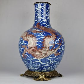 An Exquisite Blue and White Underglaze-Red Inlaid Bronze Dragon Pattern Seawater Pattern Vase