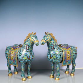A Pair of Exquisite Cloisonne Lotus Pattern Horse Ornament