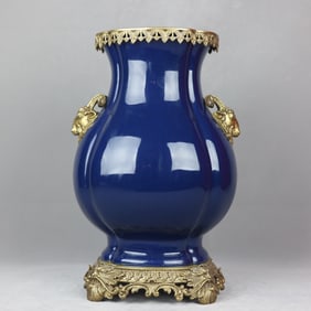 An Exquisite Ji Blue Glazed Inlaid Bronze Double-Ears Vase
