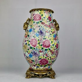 An Exquisite Famille-Rose Inlaid Bronze Flower Pattern Double-Ears Jar