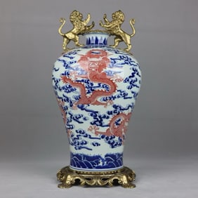 An Exquisite Blue and White Underglaze-Red Inlaid Bronze Dragon Pattern Seawater Pattern Double-Ears