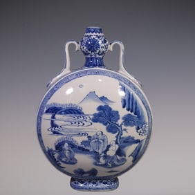 An Exquisite Blue and White Lotus Pattern Landscape and Figure Pattern Double-Ears Vase