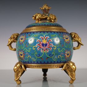 An Exquisite Cloisonne Gilt Bronze Flower Pattern Double-Ears Tripod Censer