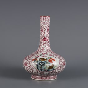 An Exquisite Enamel Ruby Red-Glazed Lotus Pattern Flower and Bird Pattern Vase