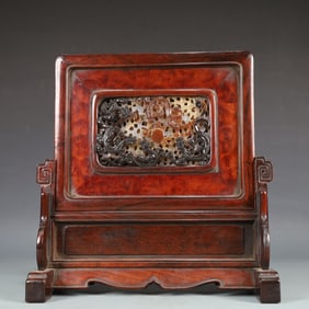 A Exquisite Zitanwood Inlaid White Jade Dragon Pattern Screen Ornament