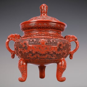 A Exquisite Carved Red Lacquer Beast-Face Pattern Double-Ears and Tripod Censer