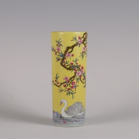 An Exquisite Enamel Flower and Bird Pattern with poem Brush Pot
