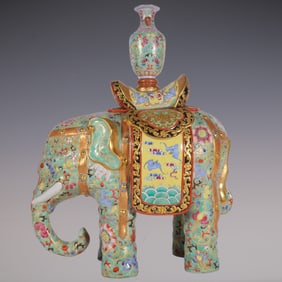 An Exquisite Enamel Green Ground Painted Gold Lotus Pattern Elephant Ornament