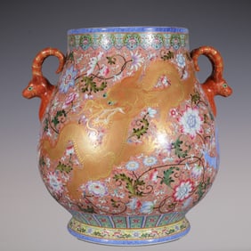 An Exquisite Famille-Rose Painted Gold Dragon Pattern Lotus Pattern Double-Ears Jar