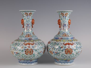 A Pair of Exquisite DoucaI Lotus Pattern Double-Ears Vase