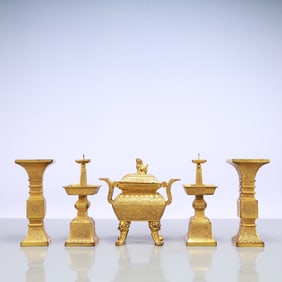 A Exquisite A Set of Gilt Bronze Lotus Pattern Double-Ears Censer