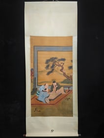 A Chinese Vertical Scroll Ink Painting of Figures on Silk