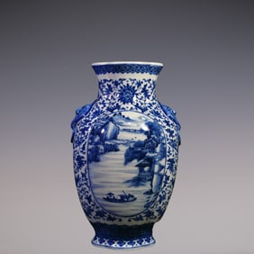 An Exquisite Blue and White Lotus Pattern Landscape and Figure Pattern Double-Ears Vase