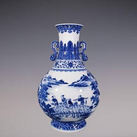 An Exquisite Blue and White Lotus Pattern Landscape and Figure Pattern Seawater Pattern Double-Ears